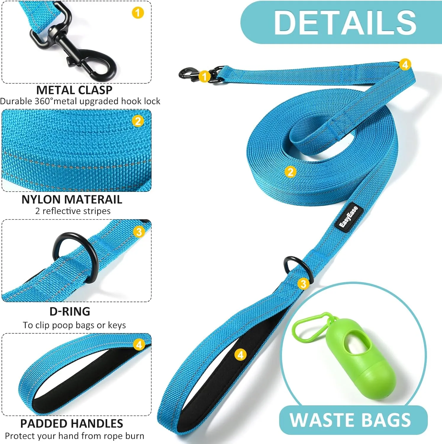 15FT Long Dog Leash with 2 Comfortable Soft Padded Handles Blue Reflective Heavy Duty Pet Dog Training and Walking Leashes Durable Dog Training Lead & Traffic Handle for Large Medium and Small Dogs
