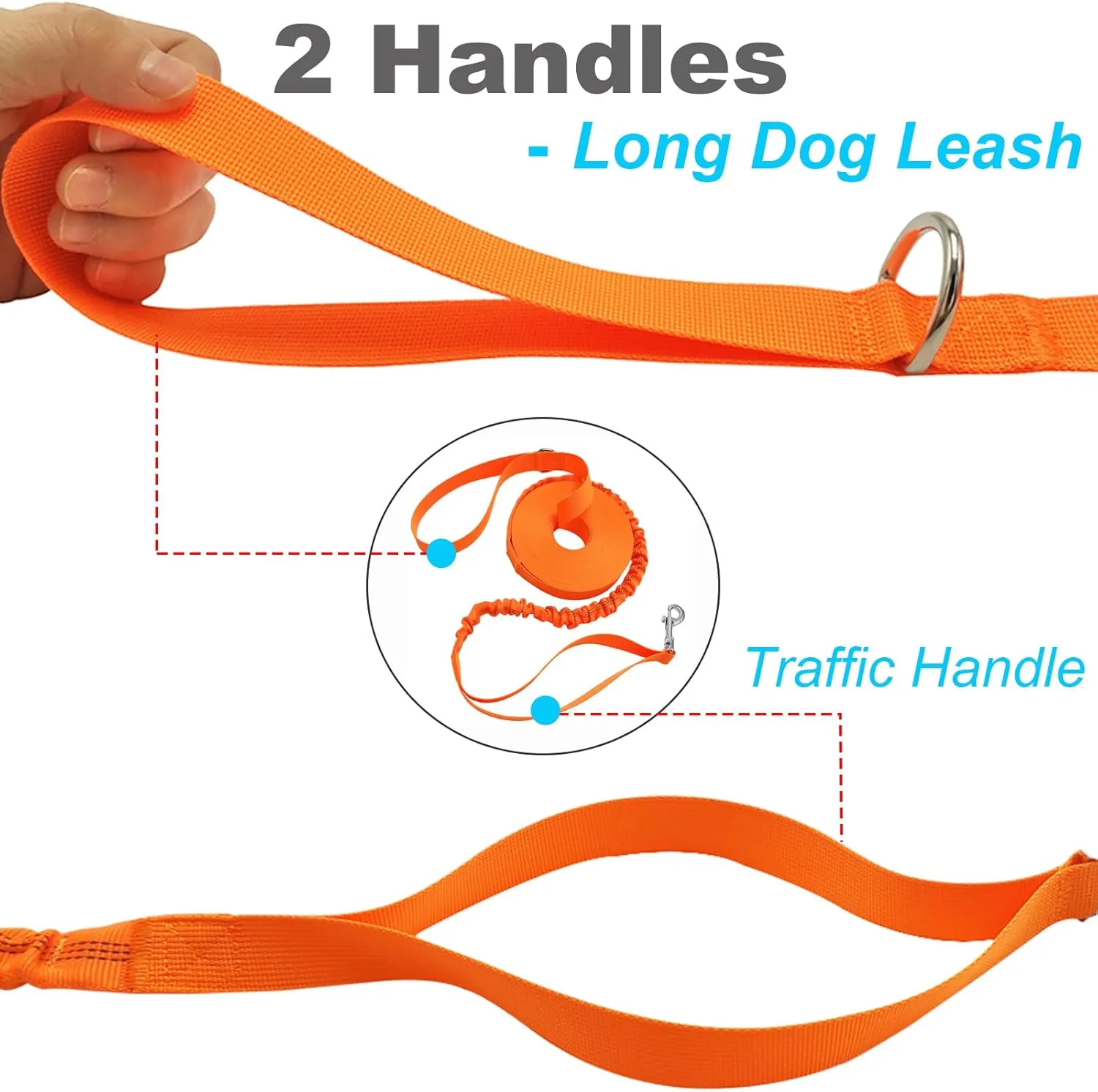 2 Handles Long Dog Leash, 12/20/30/50ft Long Bungee Dog Leashes with Traffic Handle, Shock-Absorbing Elastic Buffer, Double Handles Training Lead (orange-12ft)