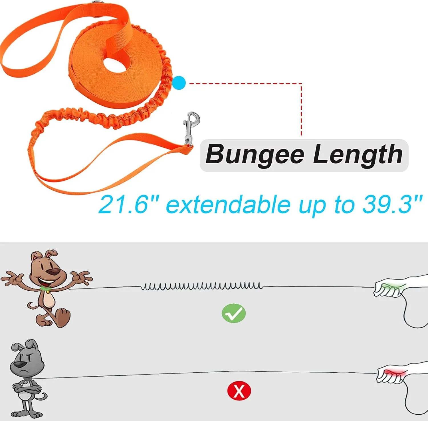2 Handles Long Dog Leash, 12/20/30/50ft Long Bungee Dog Leashes with Traffic Handle, Shock-Absorbing Elastic Buffer, Double Handles Training Lead (orange-12ft)