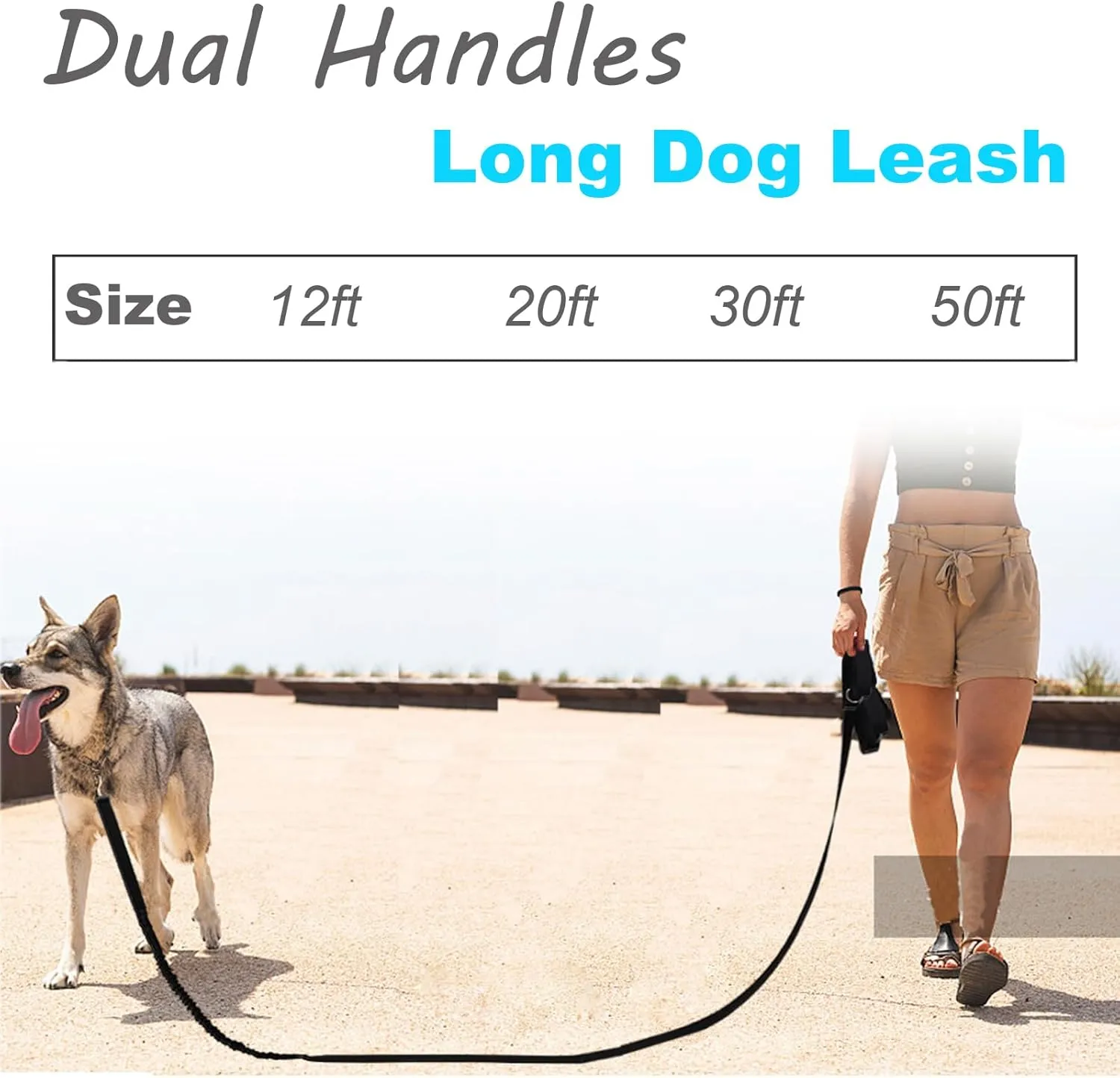 2 Handles Long Dog Leash, 12/20/30/50ft Long Bungee Dog Leashes with Traffic Handle, Shock-Absorbing Elastic Buffer, Double Handles Training Lead (orange-12ft)