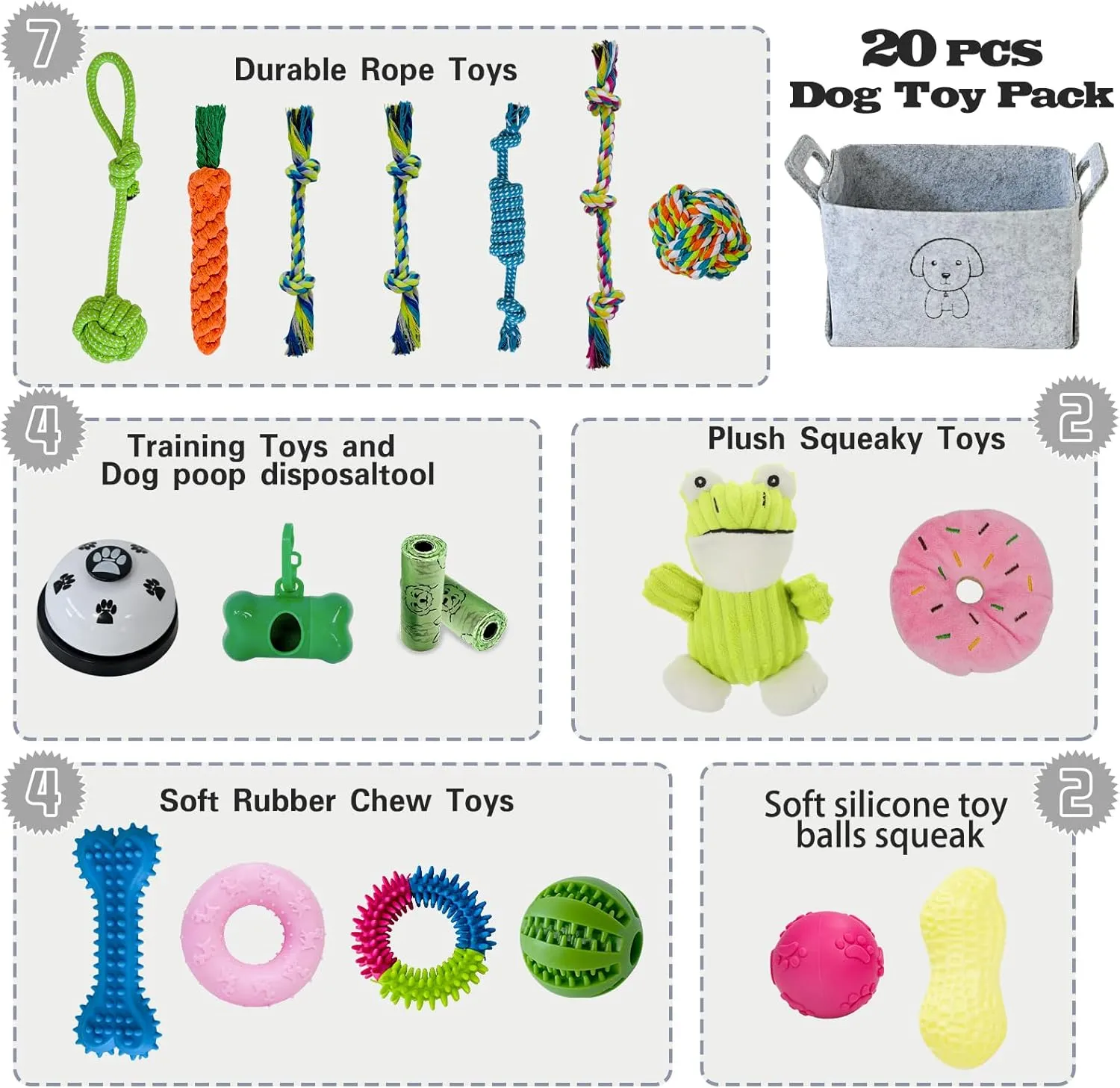 20Pcs Puppy Chew Toys for Teething, Dog Chew Toys with Rope Toys, Pet Dog Toothbrush, Treat Balls, Plush Toys and Squeaky Toy for Small Medium Dogs with Basket