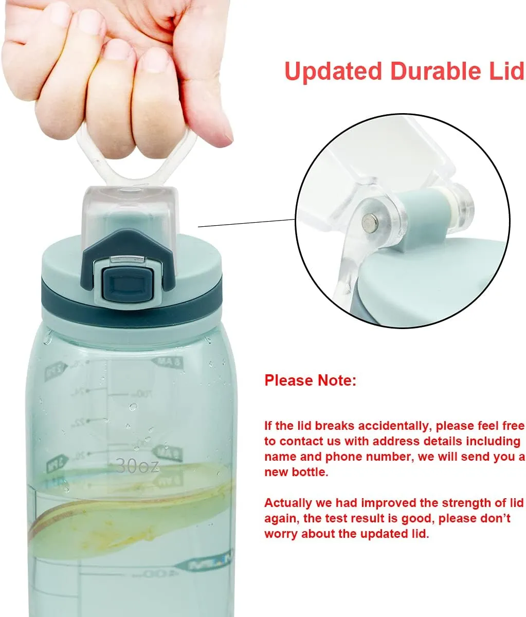 30oz Sport Water Bottle with Time Markers, Large Durable Gym Clear Plastic Bottle Tritan BPA Free for Fitness, Outdoor Enthusiasts, Leakproof Green (Pack of 1)