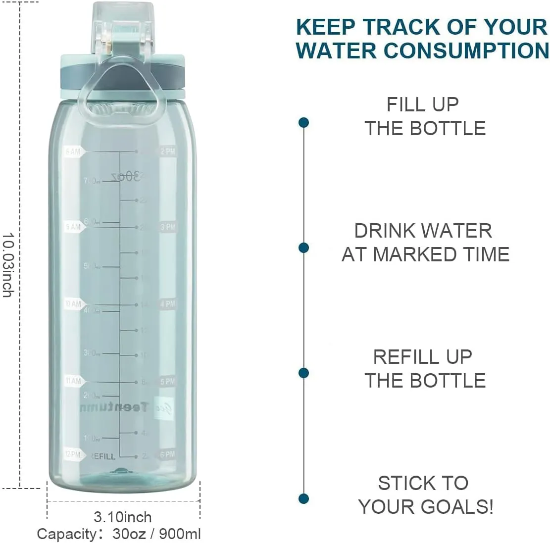 30oz Sport Water Bottle with Time Markers, Large Durable Gym Clear Plastic Bottle Tritan BPA Free for Fitness, Outdoor Enthusiasts, Leakproof Green (Pack of 1)