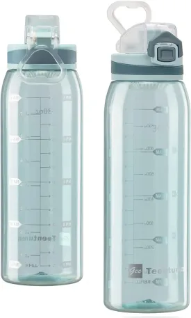 30oz Sport Water Bottle with Time Markers, Large Durable Gym Clear Plastic Bottle Tritan BPA Free for Fitness, Outdoor Enthusiasts, Leakproof Green (Pack of 1)