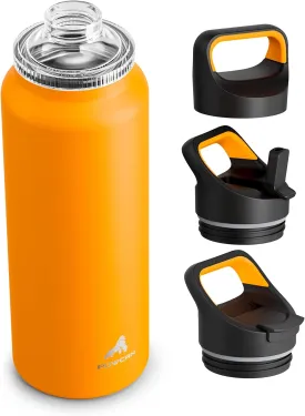 40 oz Insulated Water Bottle for Gym: 3 Lids, Leakproof, Keep Ice 24H and Hot 12H, Double Wall, Large Metal Water Flask with Handle for Camping, Hiking, Sports, Outdoors, Travel (Zesty Orange)