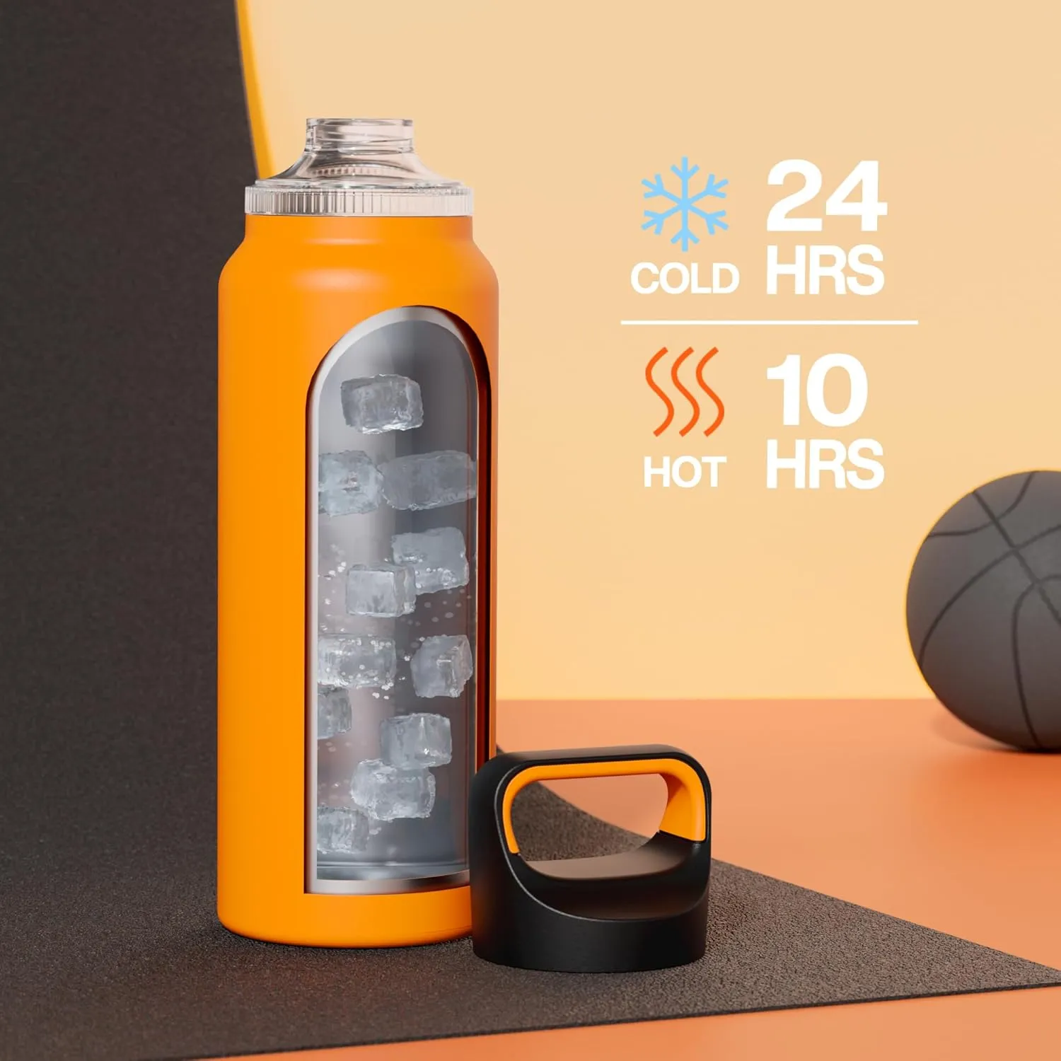 40 oz Insulated Water Bottle for Gym: 3 Lids, Leakproof, Keep Ice 24H and Hot 12H, Double Wall, Large Metal Water Flask with Handle for Camping, Hiking, Sports, Outdoors, Travel (Zesty Orange)