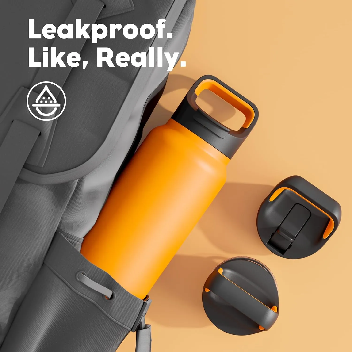 40 oz Insulated Water Bottle for Gym: 3 Lids, Leakproof, Keep Ice 24H and Hot 12H, Double Wall, Large Metal Water Flask with Handle for Camping, Hiking, Sports, Outdoors, Travel (Zesty Orange)