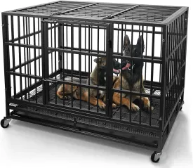 48/38 Inch Heavy Duty Dog Crate Cage Kennel with Wheels, High Anxiety Indestructible, Sturdy Locks Design, Double Door and Removable Tray, Extra Large XL XXL