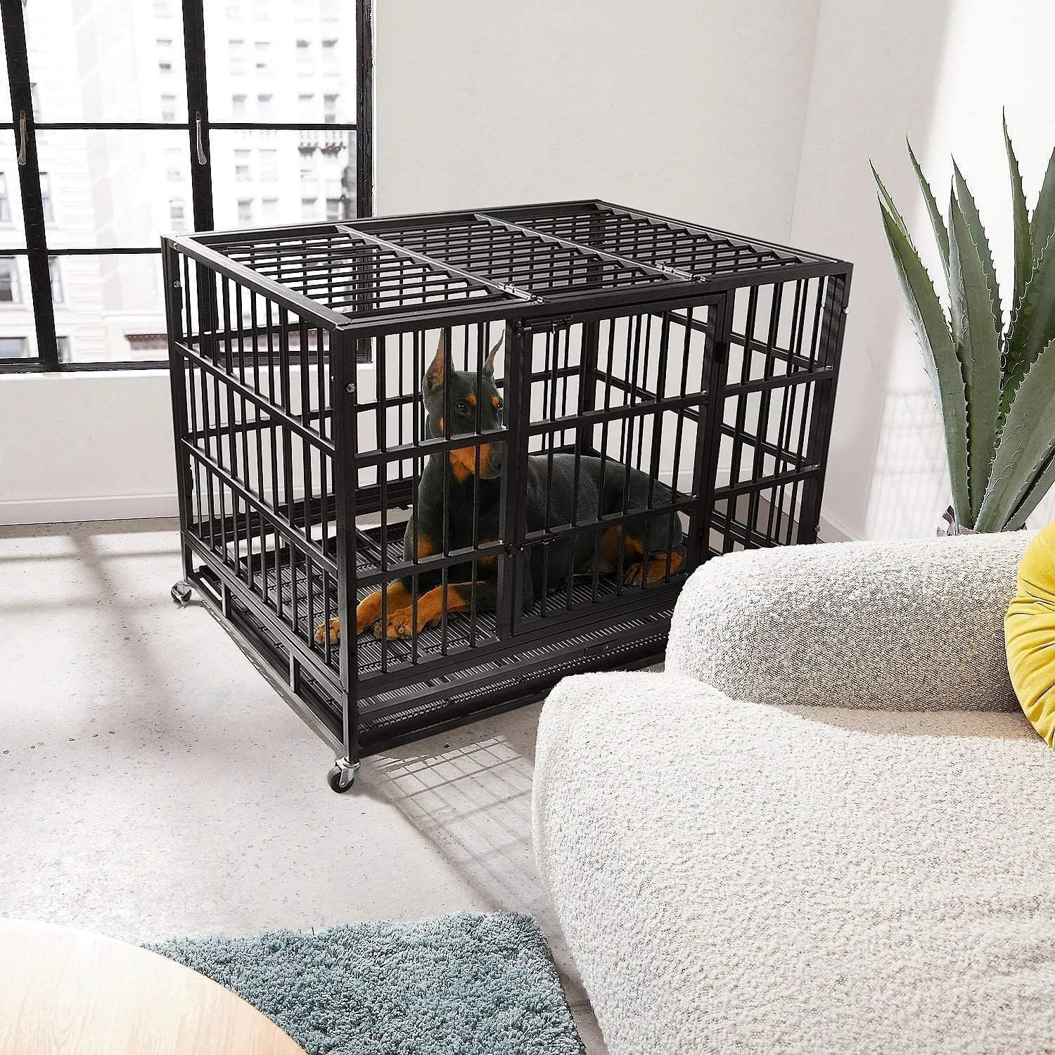 48/38 Inch Heavy Duty Dog Crate Cage Kennel with Wheels, High Anxiety Indestructible, Sturdy Locks Design, Double Door and Removable Tray, Extra Large XL XXL