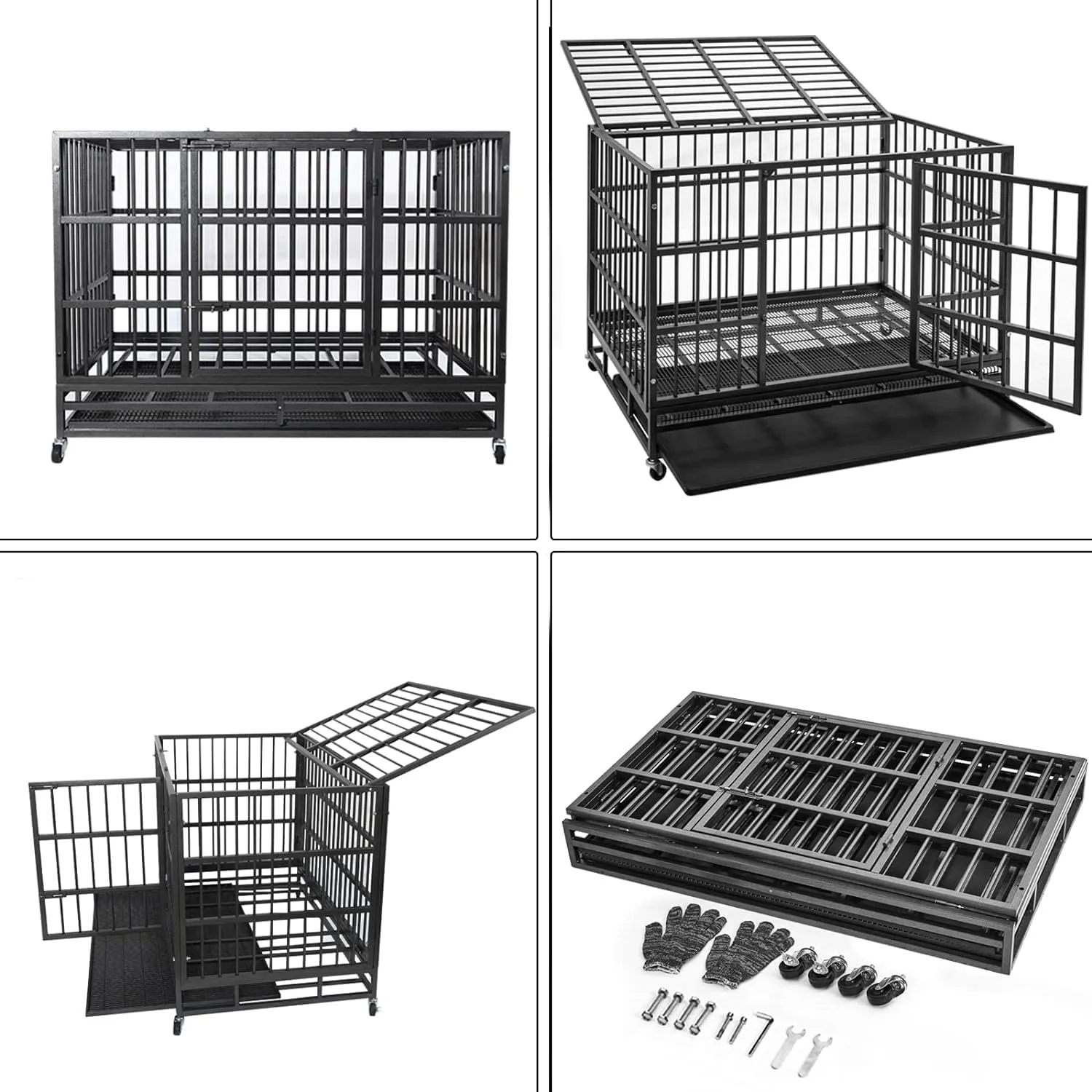 48/38 Inch Heavy Duty Dog Crate Cage Kennel with Wheels, High Anxiety Indestructible, Sturdy Locks Design, Double Door and Removable Tray, Extra Large XL XXL