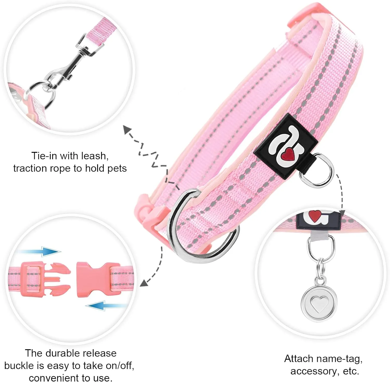 azuza Reflective Dog Collar,Soft Neoprene Padded Pet Collar with ID Tag Ring,Adjustable for Medium Dogs,Pink,M