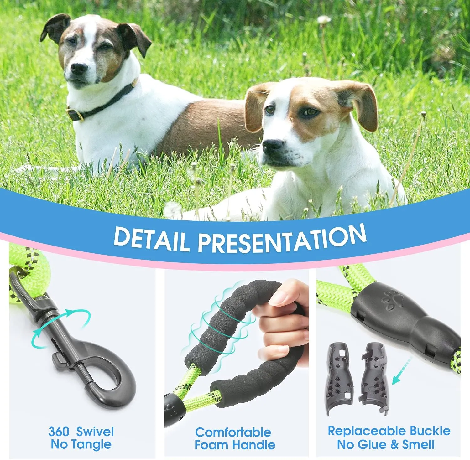 BAAPET 2/4/5/6 FT Dog Leash with Comfortable Padded Handle and Highly Reflective Threads for Small Medium and Large Dogs (5FT-1/2'', Green)