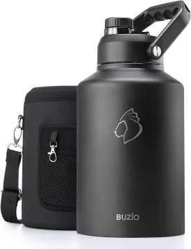 BUZIO 1 Gallon Water Bottle Insulated, (Cold for 48 Hrs) 3.58in Big Wide Mouth Leak Proof, 128oz Large Water Jug Stainless Steel Metal Flask with Handle for Camping,Outdoor Work,Travel,Hiking, Black