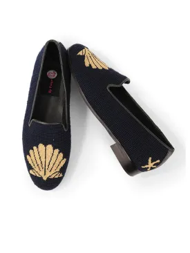 By Paige Nautical Needlepoint Loafer Collection Metallic Gold Scallop Shell on Navy