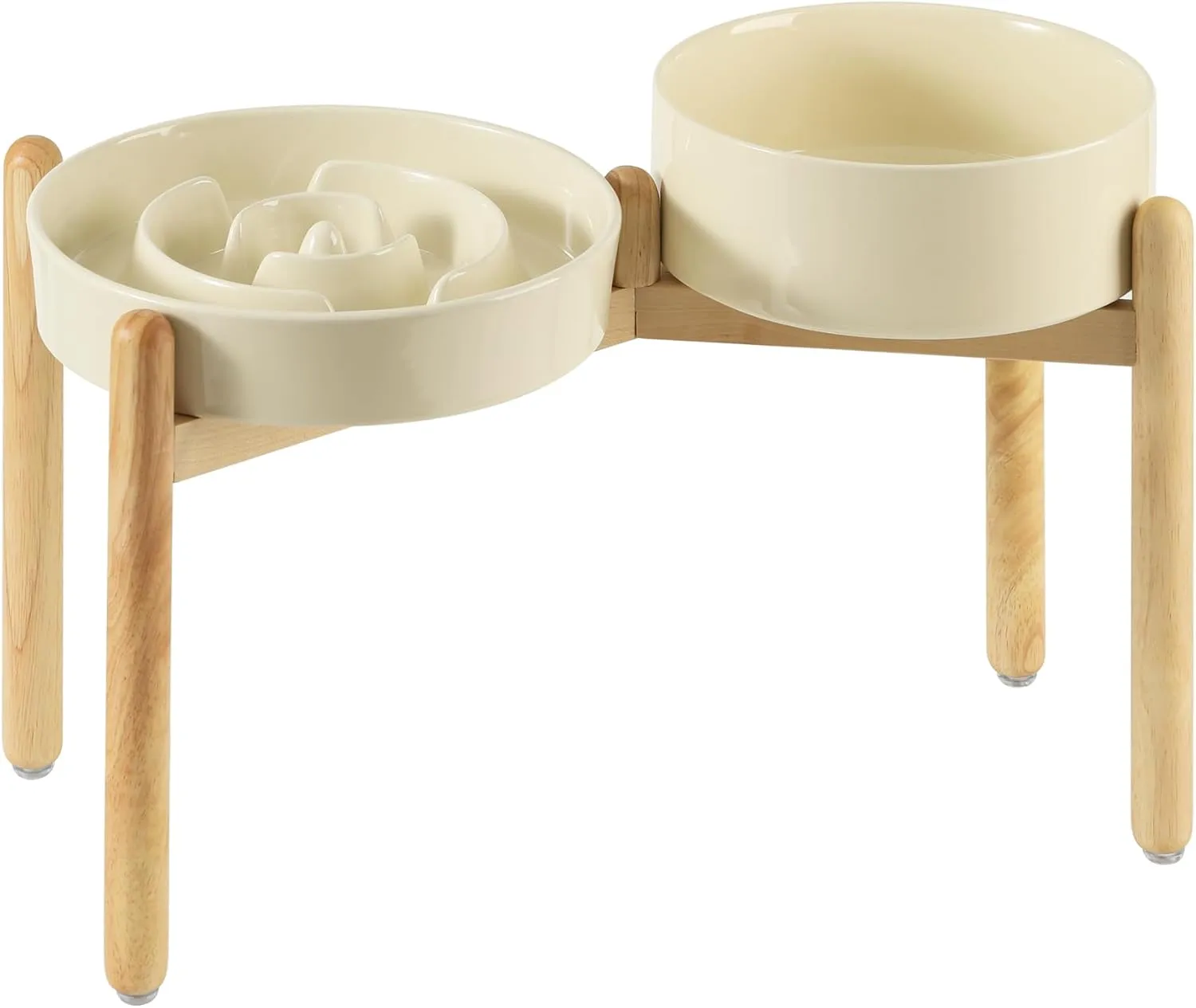 Ceramic Raised Slow Feeder Dog Bowl Set, Elevated 8.2inch Bowl and 9.5inch Puzzle Slow Food Dish with Wooden Stand for Large Dog, Anti-Gulping (2X Beige  Stand)