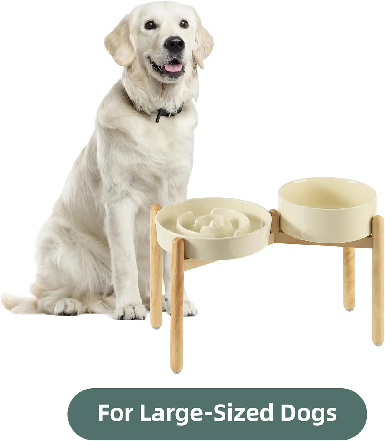 Ceramic Raised Slow Feeder Dog Bowl Set, Elevated 8.2inch Bowl and 9.5inch Puzzle Slow Food Dish with Wooden Stand for Large Dog, Anti-Gulping (2X Beige  Stand)