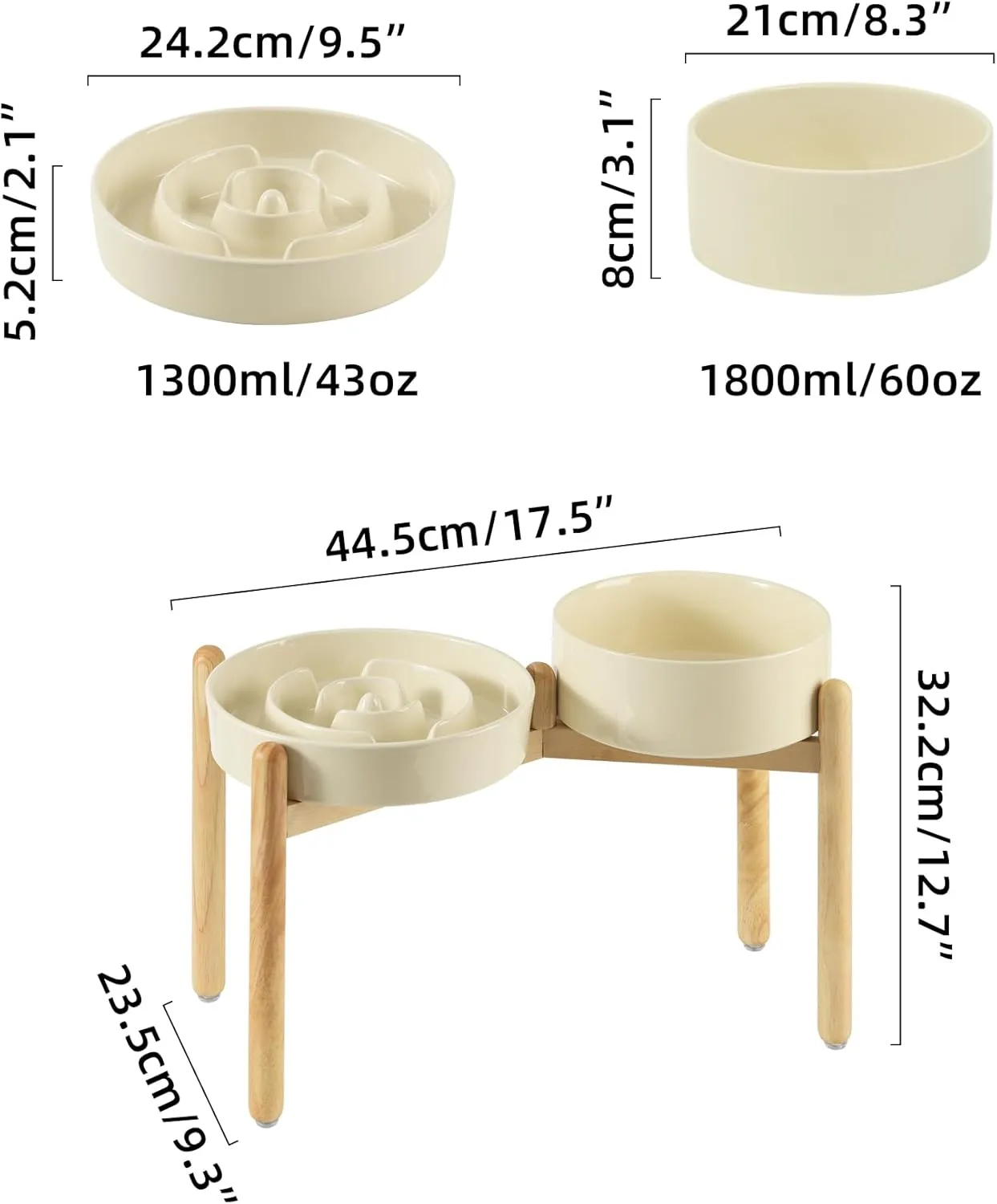 Ceramic Raised Slow Feeder Dog Bowl Set, Elevated 8.2inch Bowl and 9.5inch Puzzle Slow Food Dish with Wooden Stand for Large Dog, Anti-Gulping (2X Beige  Stand)