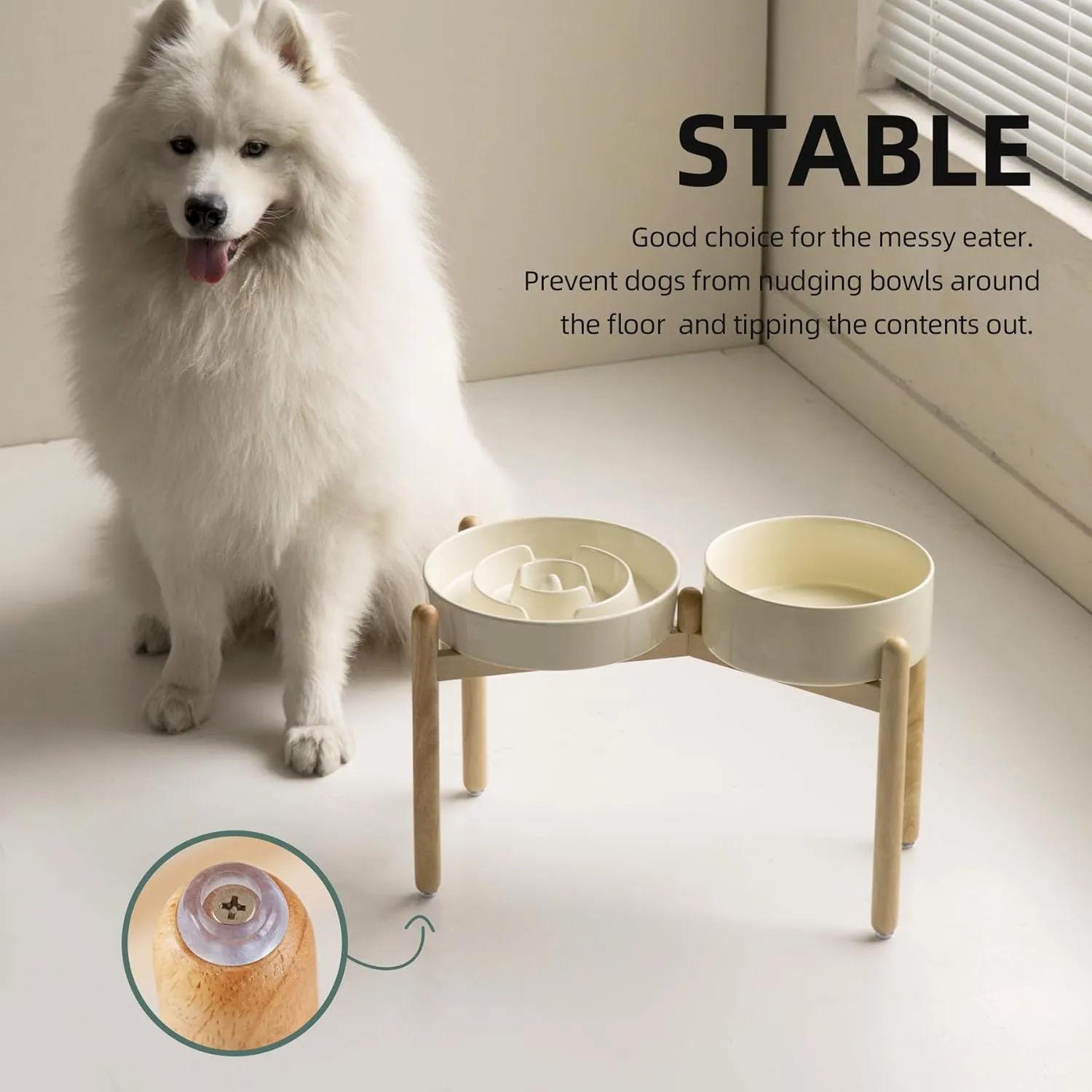 Ceramic Raised Slow Feeder Dog Bowl Set, Elevated 8.2inch Bowl and 9.5inch Puzzle Slow Food Dish with Wooden Stand for Large Dog, Anti-Gulping (2X Beige  Stand)