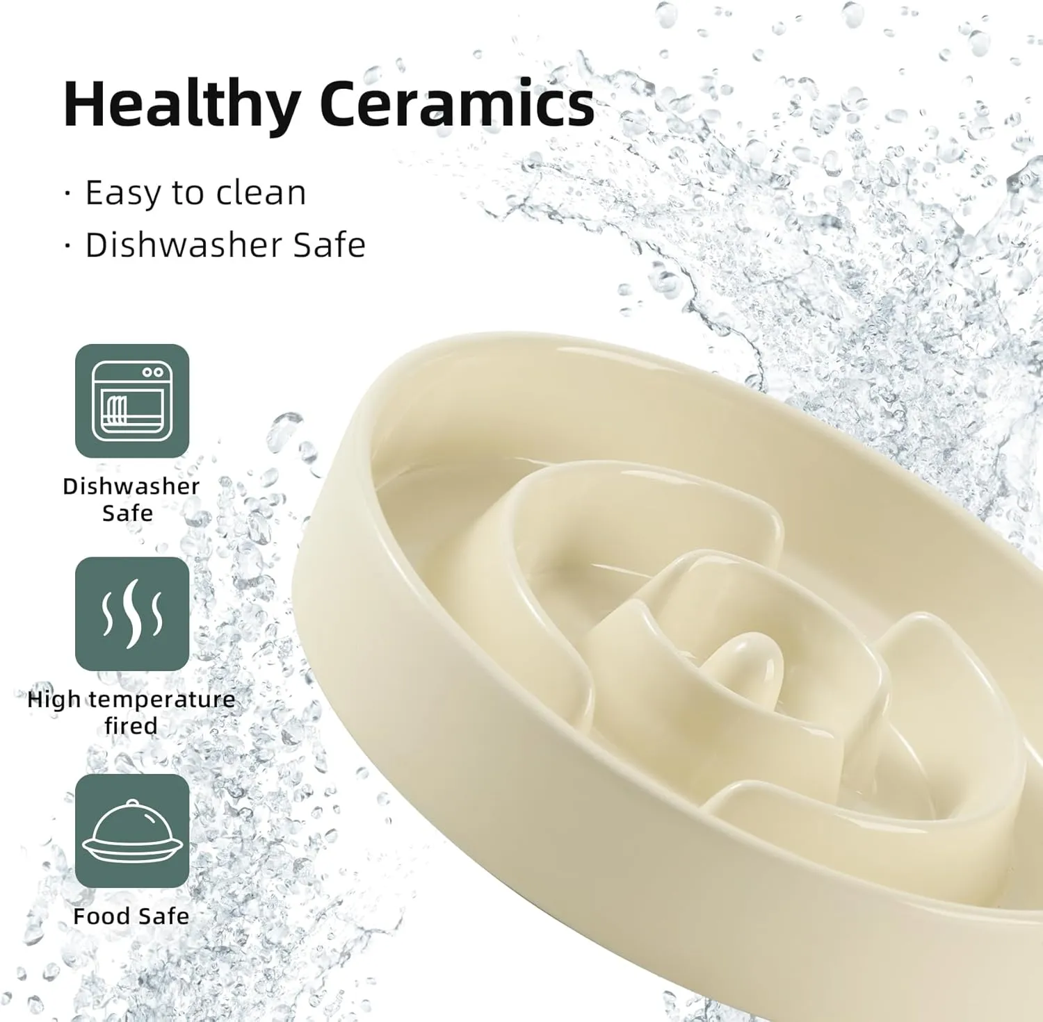 Ceramic Raised Slow Feeder Dog Bowl Set, Elevated 8.2inch Bowl and 9.5inch Puzzle Slow Food Dish with Wooden Stand for Large Dog, Anti-Gulping (2X Beige  Stand)