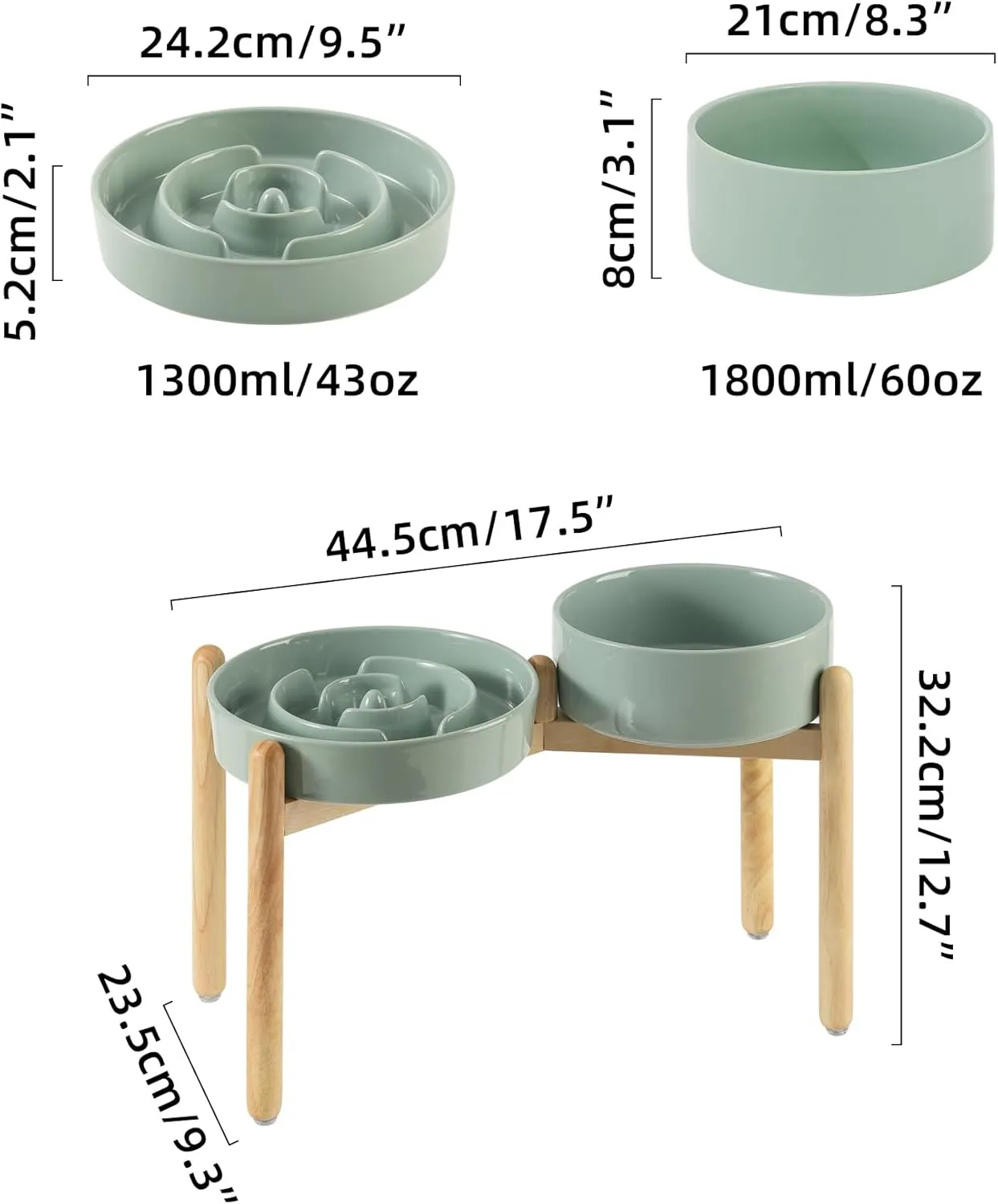 Ceramic Raised Slow Feeder Dog Bowl Set, Elevated 8.2inch Bowl and 9.5inch Puzzle Slow Food Dish with Wooden Stand for Large Dog, Anti-Gulping (2X Light Green  Stand)