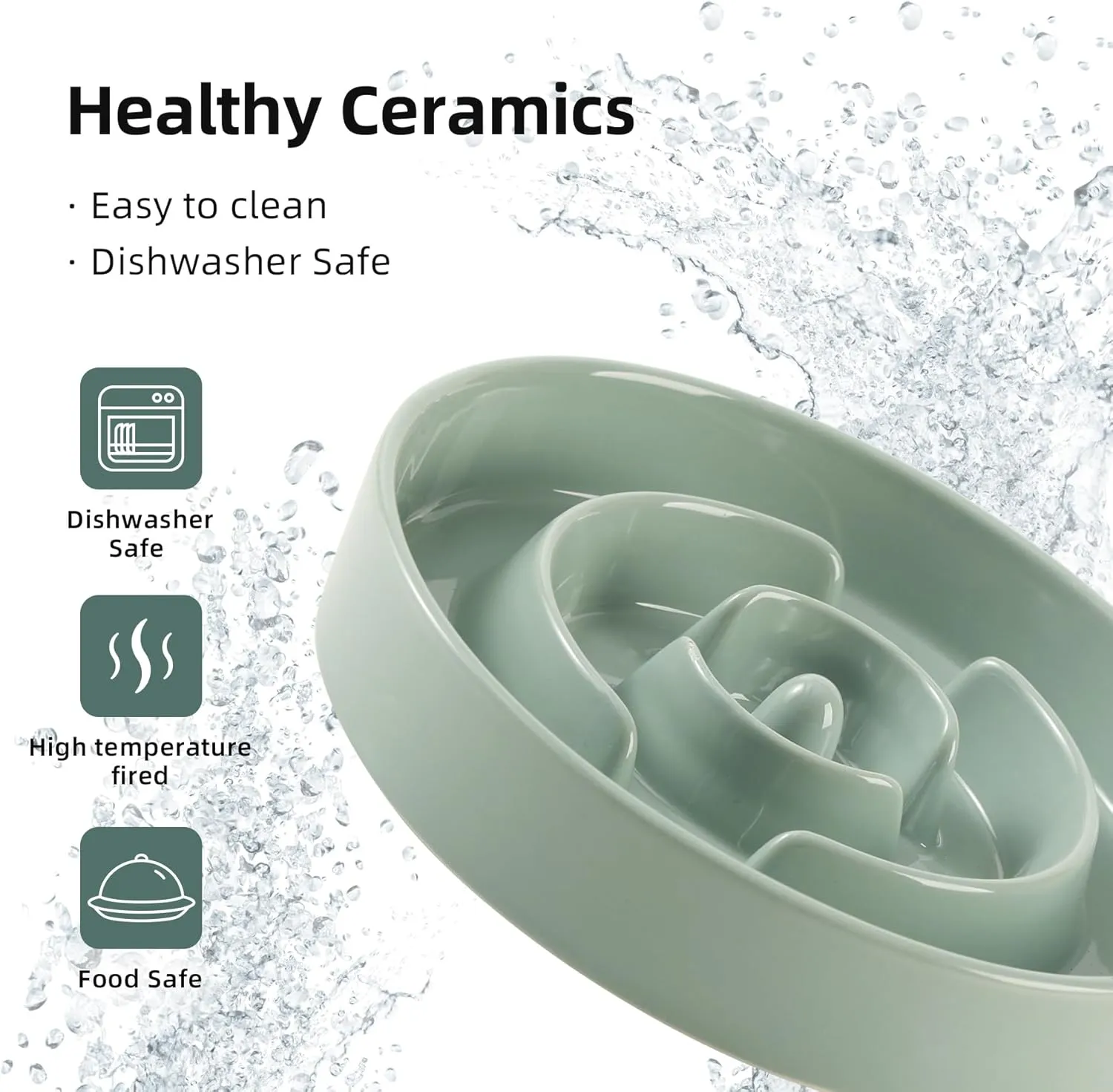 Ceramic Raised Slow Feeder Dog Bowl Set, Elevated 8.2inch Bowl and 9.5inch Puzzle Slow Food Dish with Wooden Stand for Large Dog, Anti-Gulping (2X Light Green  Stand)