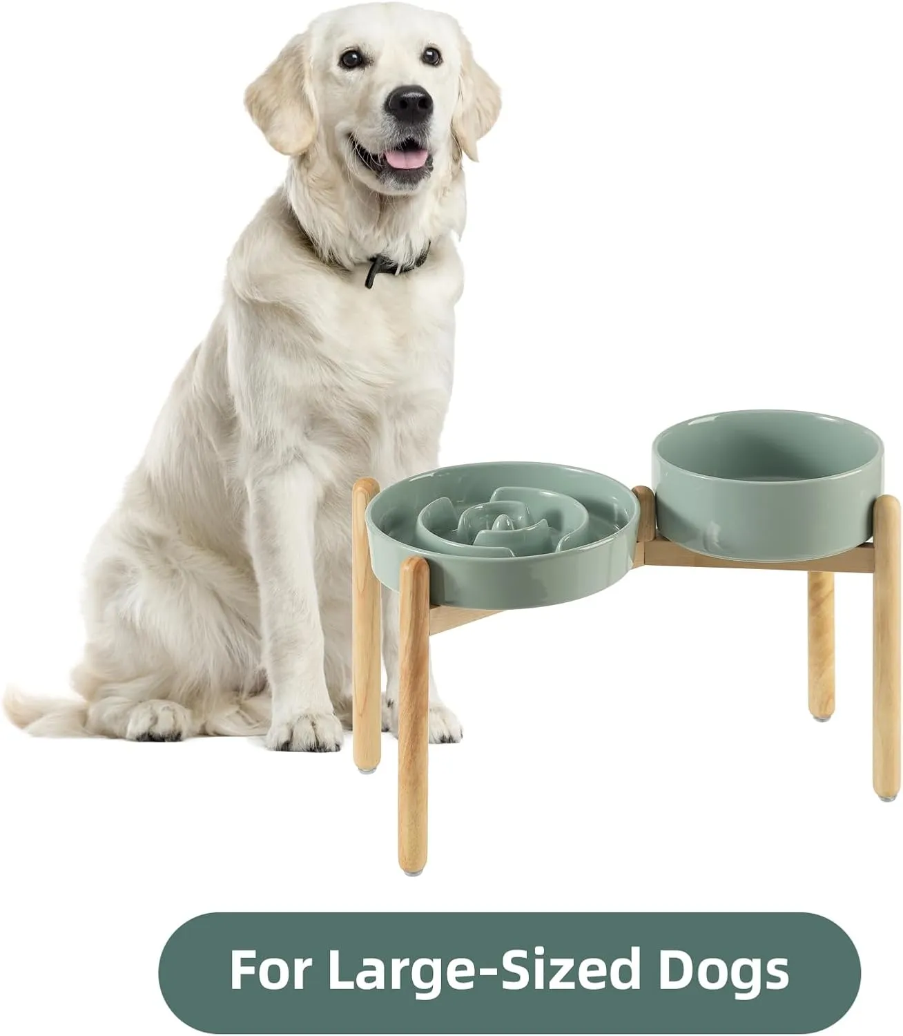 Ceramic Raised Slow Feeder Dog Bowl Set, Elevated 8.2inch Bowl and 9.5inch Puzzle Slow Food Dish with Wooden Stand for Large Dog, Anti-Gulping (2X Light Green  Stand)