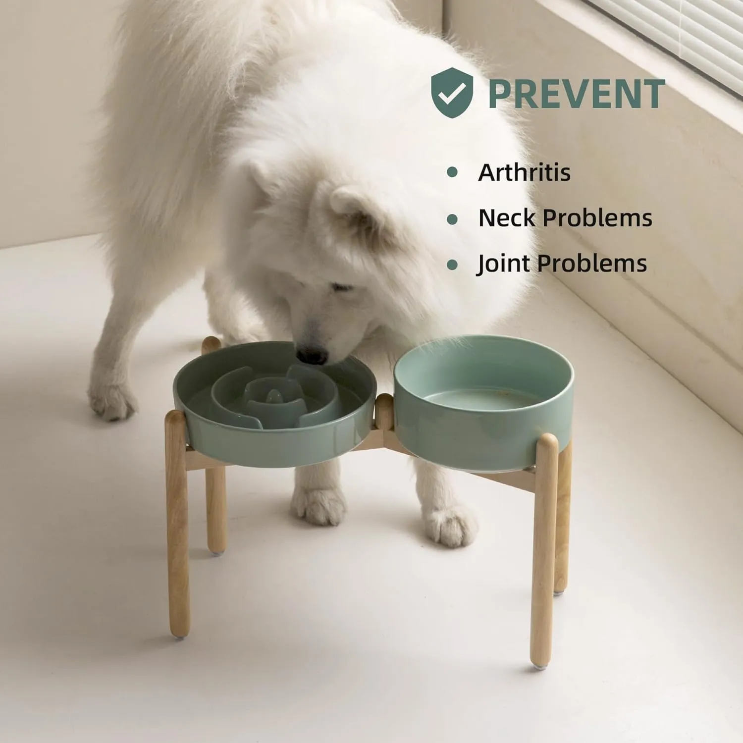 Ceramic Raised Slow Feeder Dog Bowl Set, Elevated 8.2inch Bowl and 9.5inch Puzzle Slow Food Dish with Wooden Stand for Large Dog, Anti-Gulping (2X Light Green  Stand)