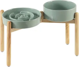 Ceramic Raised Slow Feeder Dog Bowl Set, Elevated 8.2inch Bowl and 9.5inch Puzzle Slow Food Dish with Wooden Stand for Large Dog, Anti-Gulping (2X Light Green  Stand)