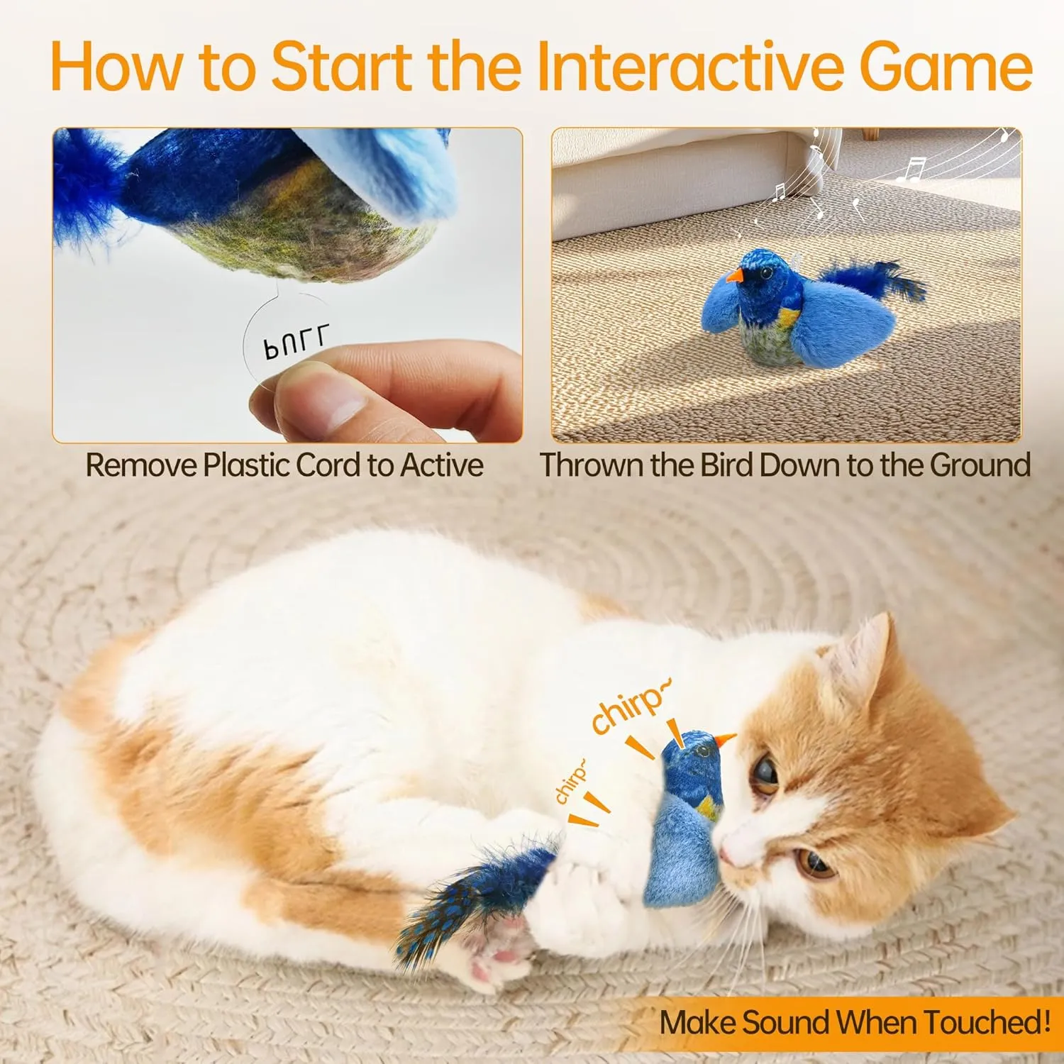 Chirping Bird Cat Feather Toy - Interactive Catnip Toys for Indoor Cats - Automatic Interactive Cat Toy for Self Play Exercise (Blue)