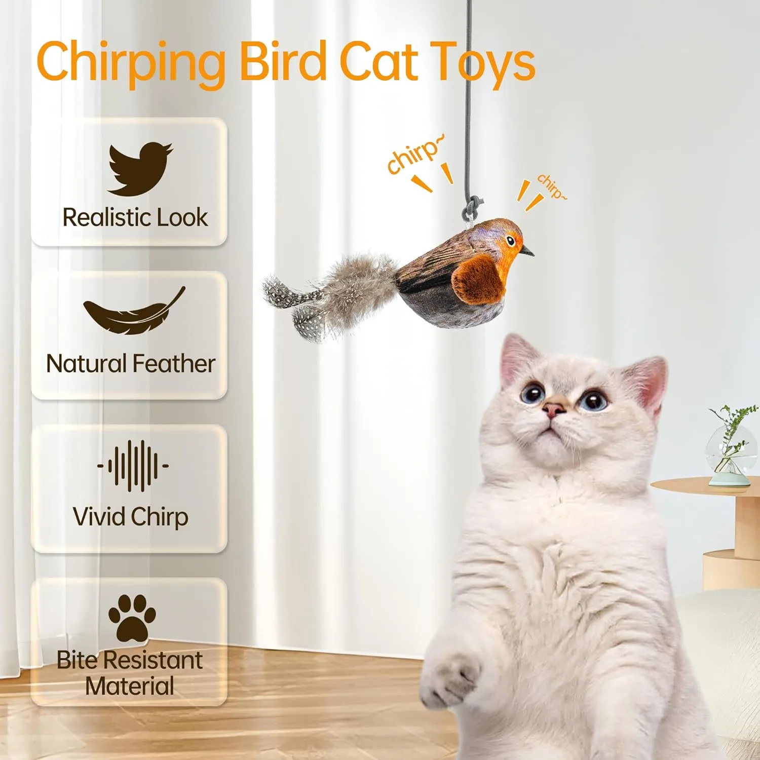 Chirping Bird Cat Feather Toy - Interactive Catnip Toys for Indoor Cats - Automatic Interactive Cat Toy for Self Play Exercise (Blue)