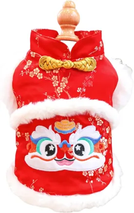 Dog New Year Clothes Puppy Cute Chinese Style Costume Small Dog Winter Fleece Lined Coats Cold Weather Dog Cozy Warm Christmas Outfits Chihuahua Yorkie Pajamas Clothes Holiday Birthday Dog Coat