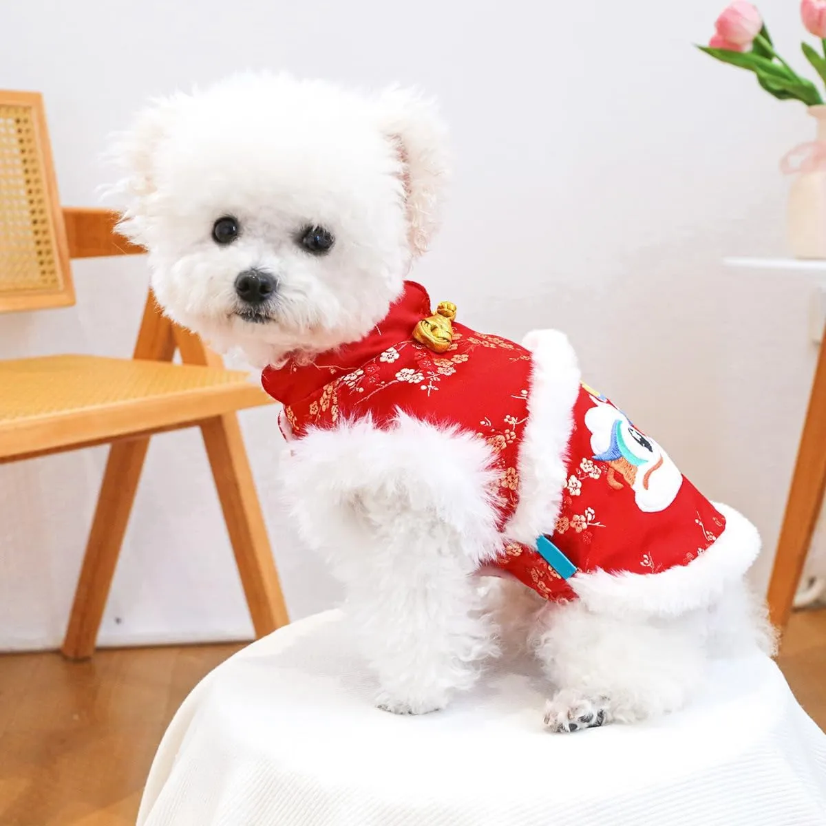 Dog New Year Clothes Puppy Cute Chinese Style Costume Small Dog Winter Fleece Lined Coats Cold Weather Dog Cozy Warm Christmas Outfits Chihuahua Yorkie Pajamas Clothes Holiday Birthday Dog Coat