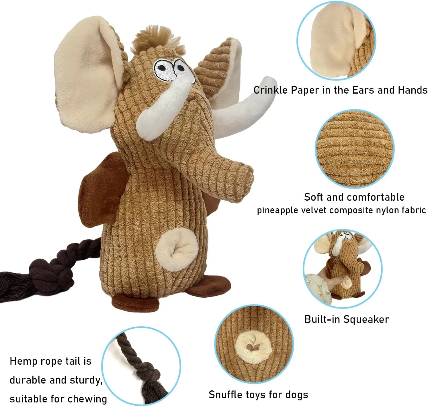 Dog Toys Puppy Toys Cute Pet Toys Squeaky Elephant Dog Toy with Crinkle Paper Plush Dog Stuffed Animals Chew Toy with Cotton Rope Dog Toys to Keep Them Busy for Small Medium Large Dogs (Brown)