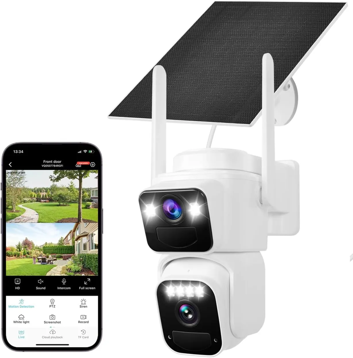 Dual Lens Dual Screen 2K Solar Security Camera Wireless Outdoor 360 View Battery Powered Camera with Spotlight Color Night Vision, PIR Sensor WiFi Home Security System