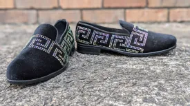 Dupsie's Black Imara Elegance pair of Suede Loafers with meander Rhinestoned patterns DPSS452