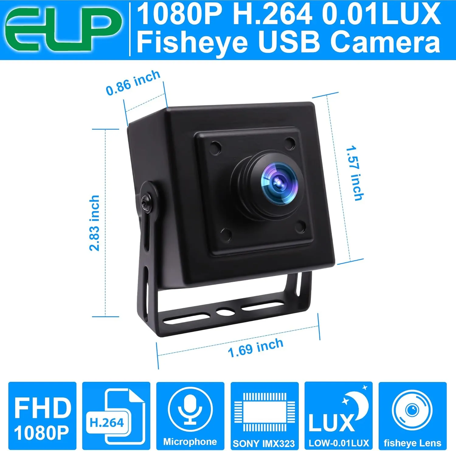 ELP Sony IMX323 Sensor Mini Wide Angle USB Camera with 180degree Fisheye Lens HD 1080P 0.01Lux Low Light PC Camera UVC H.264 USB2.0 Embedded Webcam for Computer, Laptop,Raspberry Pi