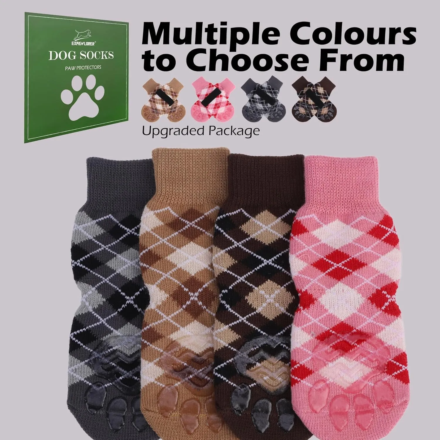 EXPAWLORER Dog Socks to Prevent Licking Paws,4 Pcs Double Sided Anti Slip Dog Socks with Grippers for Hardwood Floors,Dog Shoes Booties for Small Medium Large Senior Dogs,British Style,Black XS
