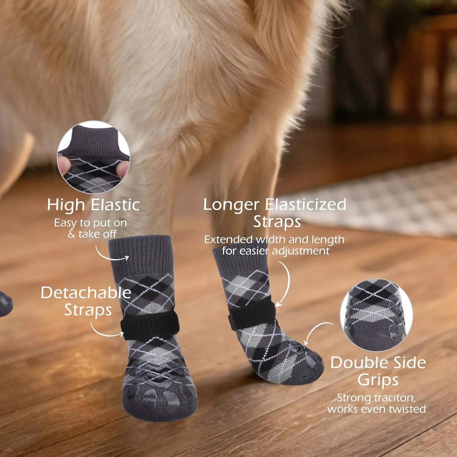 EXPAWLORER Dog Socks to Prevent Licking Paws,4 Pcs Double Sided Anti Slip Dog Socks with Grippers for Hardwood Floors,Dog Shoes Booties for Small Medium Large Senior Dogs,British Style,Black XS