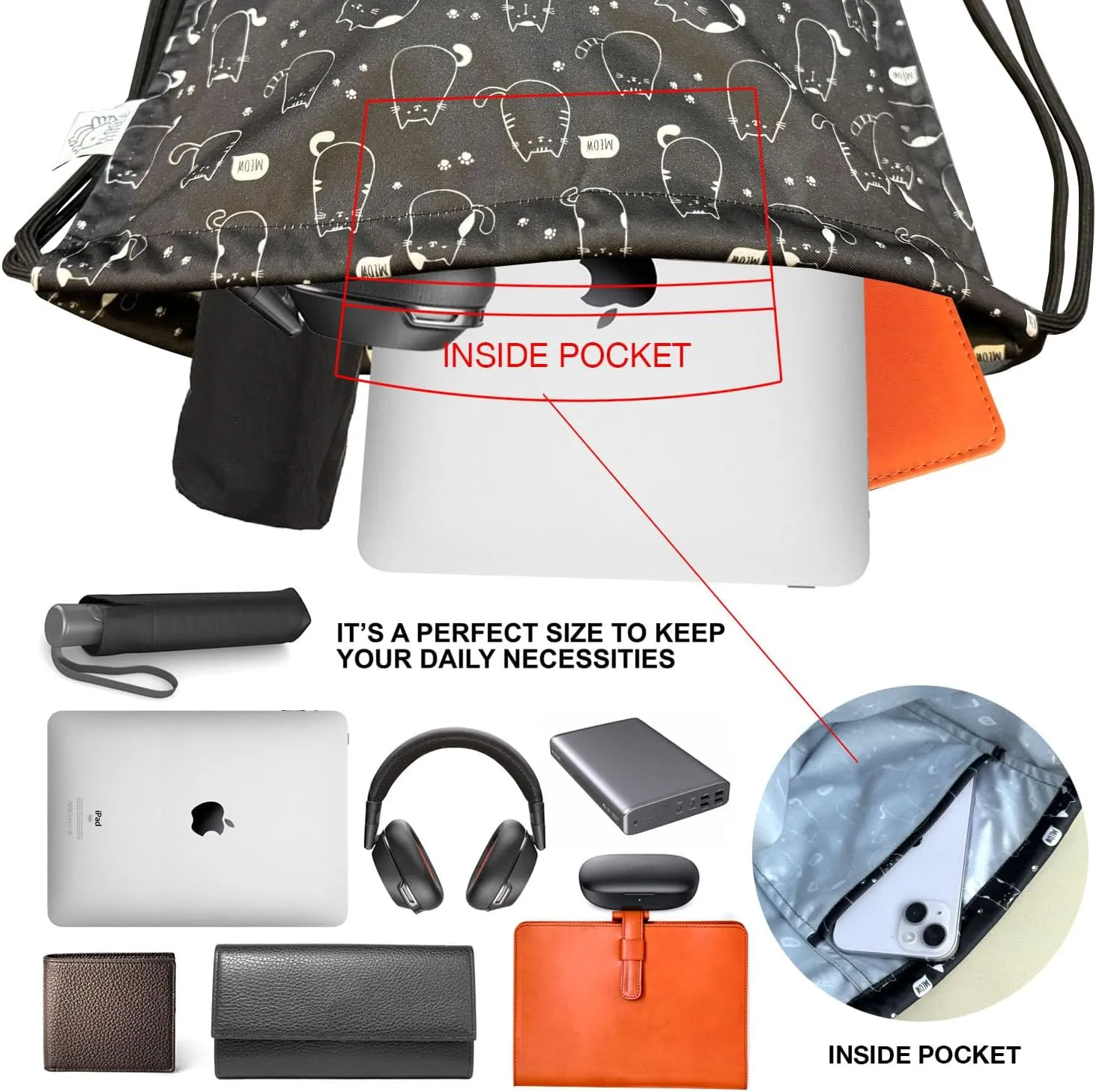 FLOCK THREE Leakproof Drawstring Backpack Sports Gym Bag Large Capacity With Pocket for Sports Gym Travel Swimming Beach (Fat Cats)