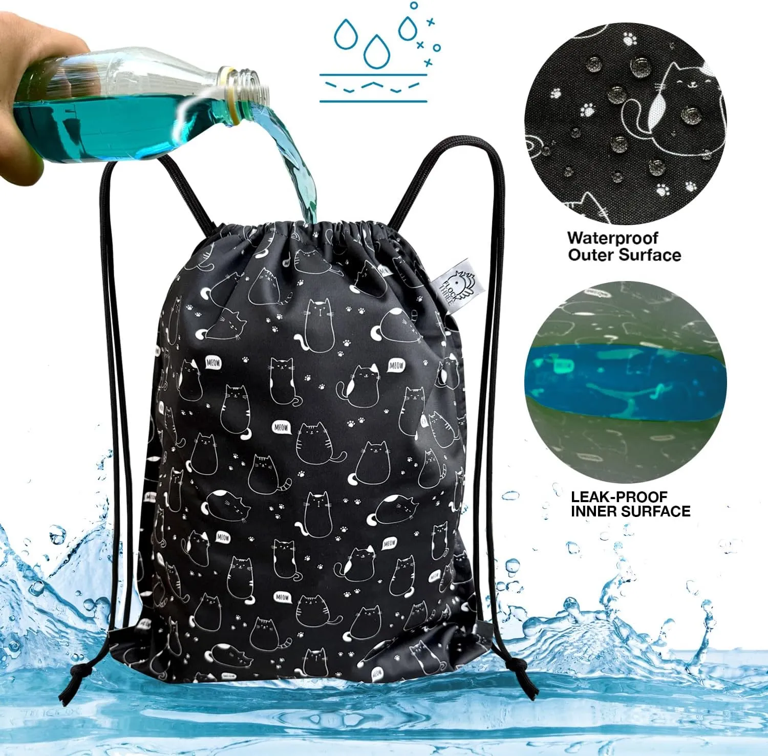 FLOCK THREE Leakproof Drawstring Backpack Sports Gym Bag Large Capacity With Pocket for Sports Gym Travel Swimming Beach (Fat Cats)