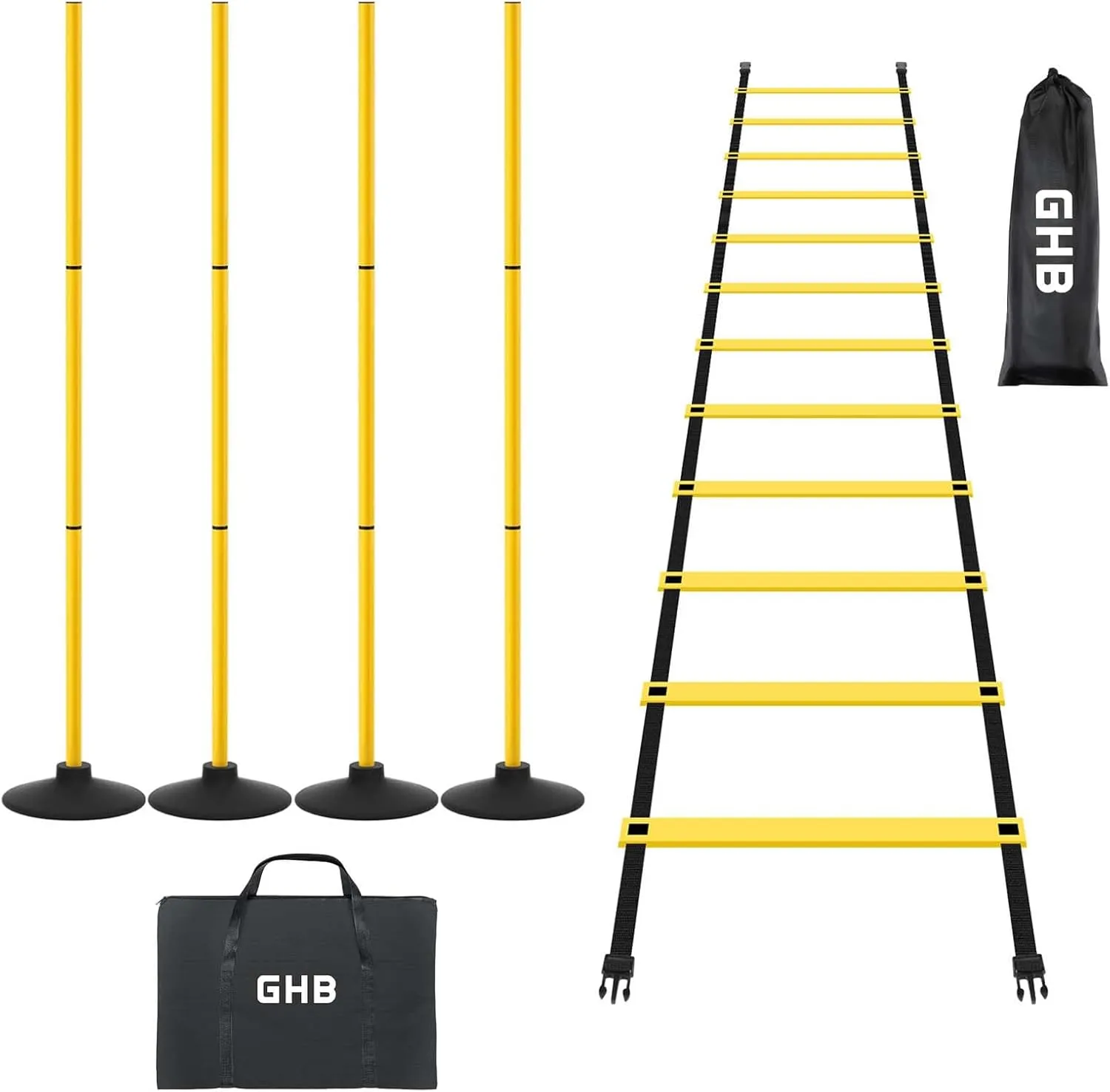 GHB Agility Ladder 1 Pack and Agility Poles Set Pack of 4 with 2 Carrying Bag
