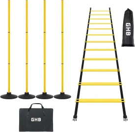 GHB Agility Ladder 1 Pack and Agility Poles Set Pack of 4 with 2 Carrying Bag