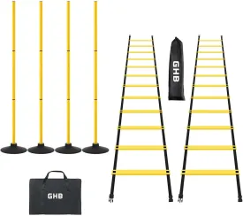 GHB Pro Agility Ladder 2 Pack and Pack of 4 Agility Poles Set with Carrying Bag