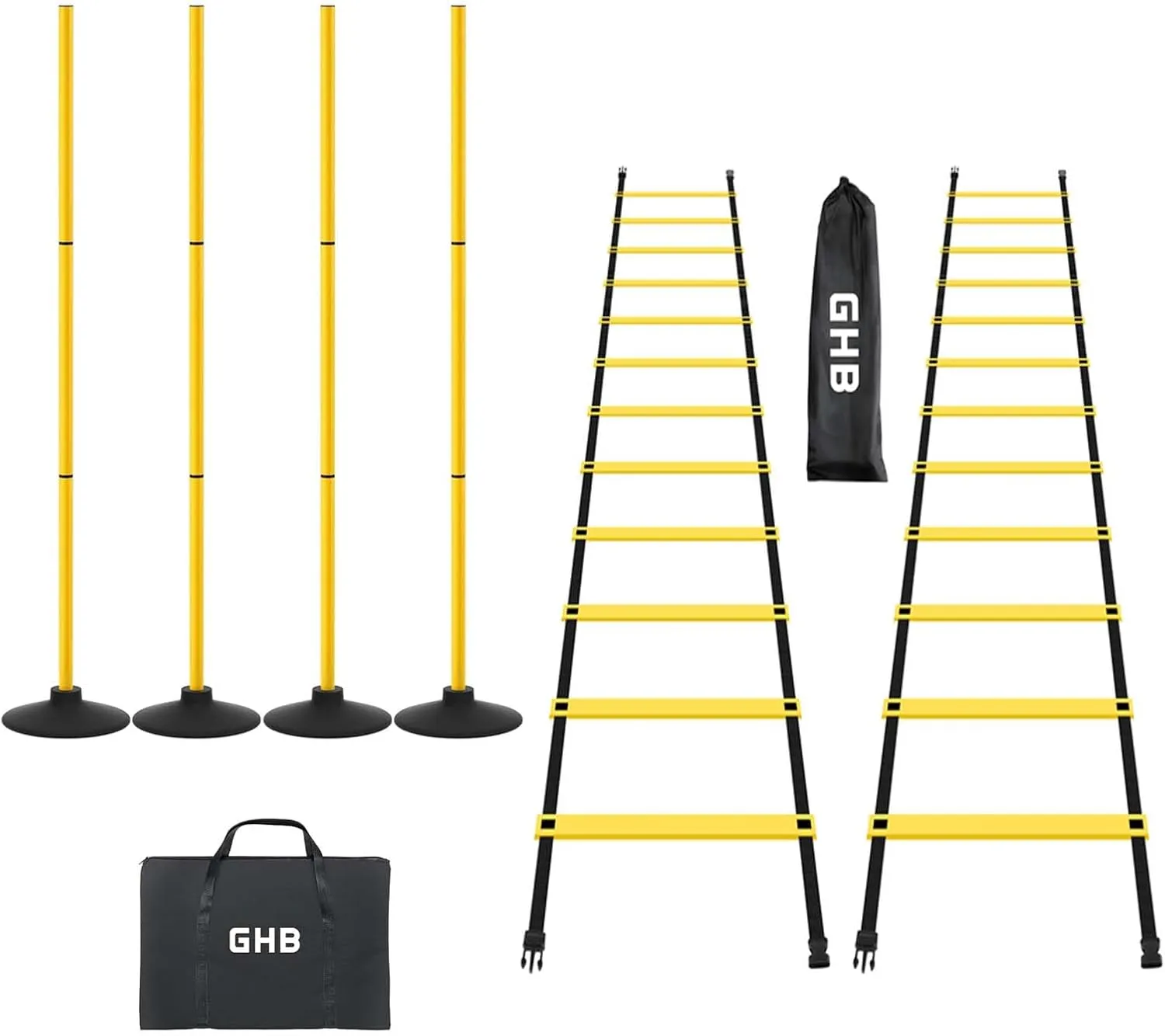 GHB Pro Agility Ladder 2 Pack and Pack of 4 Agility Poles Set with Carrying Bag