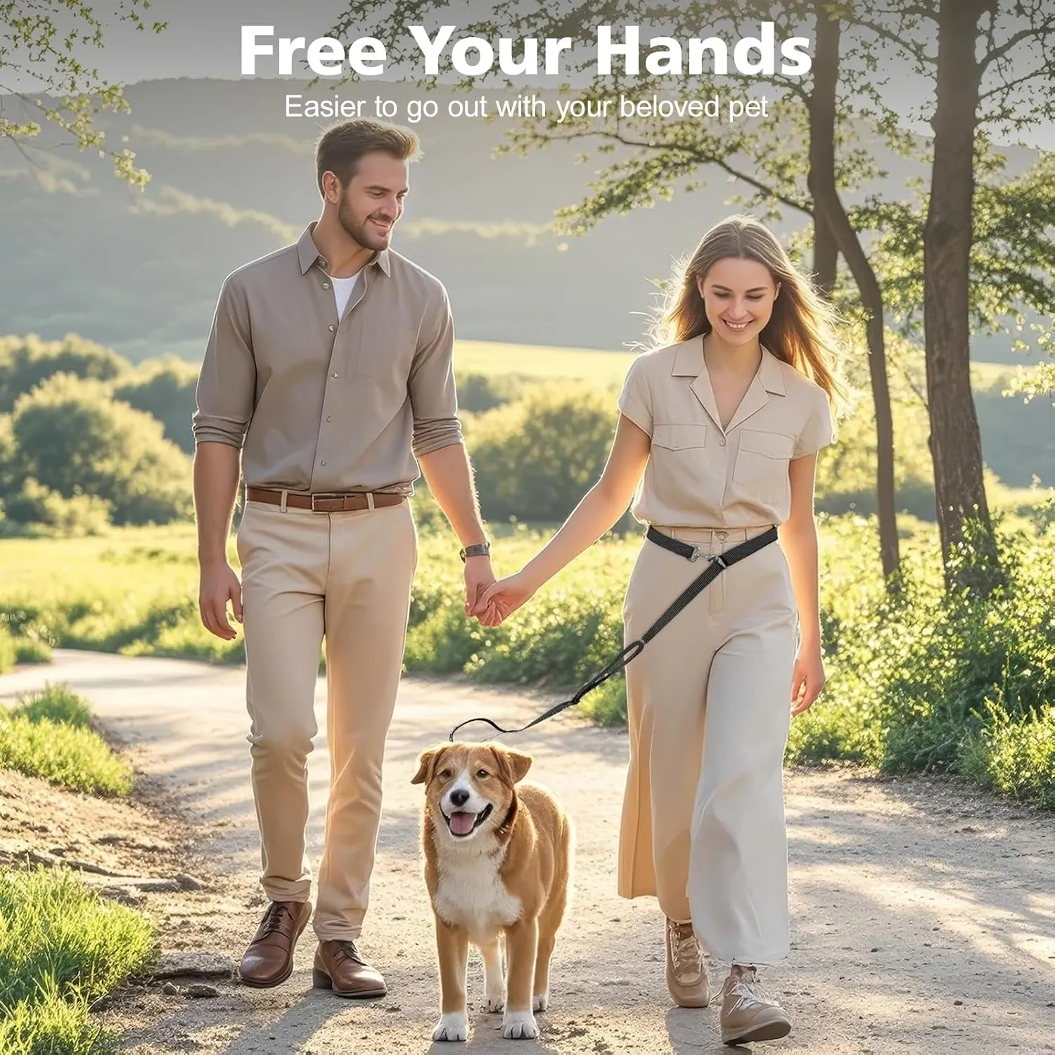 Hands Free Dog Leash, 8.5ft Versatile Crossbody Waist with 3 Rings for Puppy, Small & Medium Dogs, Easy Adjust for Running Jogging Walking, Sponge Handle, Black