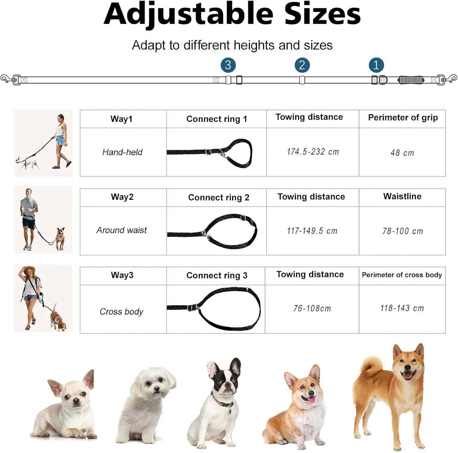 Hands Free Dog Leash, 8.5ft Versatile Crossbody Waist with 3 Rings for Puppy, Small & Medium Dogs, Easy Adjust for Running Jogging Walking, Sponge Handle, Black