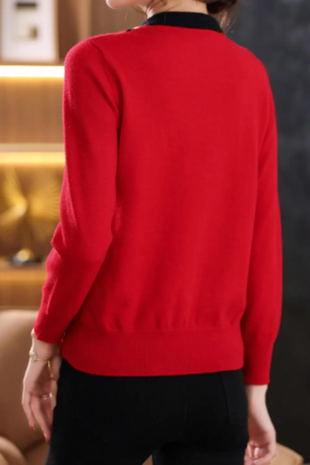 LAI MENG FIVE CATS Women's Fall Tie Neck Sweater Shirt Long Sleeve Patchwork Knit Pullover Blouse Tops