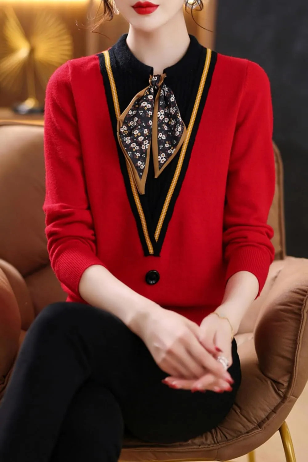 LAI MENG FIVE CATS Women's Fall Tie Neck Sweater Shirt Long Sleeve Patchwork Knit Pullover Blouse Tops