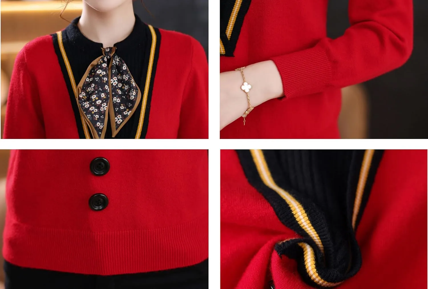 LAI MENG FIVE CATS Women's Fall Tie Neck Sweater Shirt Long Sleeve Patchwork Knit Pullover Blouse Tops
