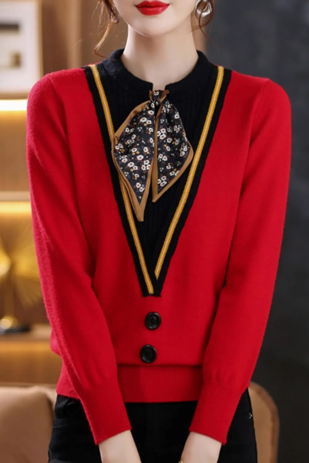 LAI MENG FIVE CATS Women's Fall Tie Neck Sweater Shirt Long Sleeve Patchwork Knit Pullover Blouse Tops